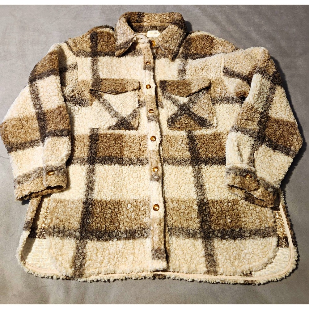 Allie Rose Plaid Sherpa Fleece Shacket Jacket Women's L Cream Tan Gray